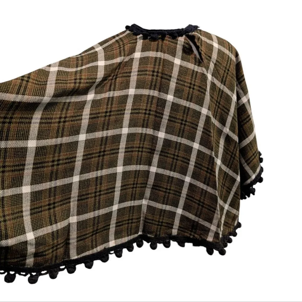 70s Vintage Wool Plaid Poncho & Matching Skirt with Pom Pom‎ Trim MCM